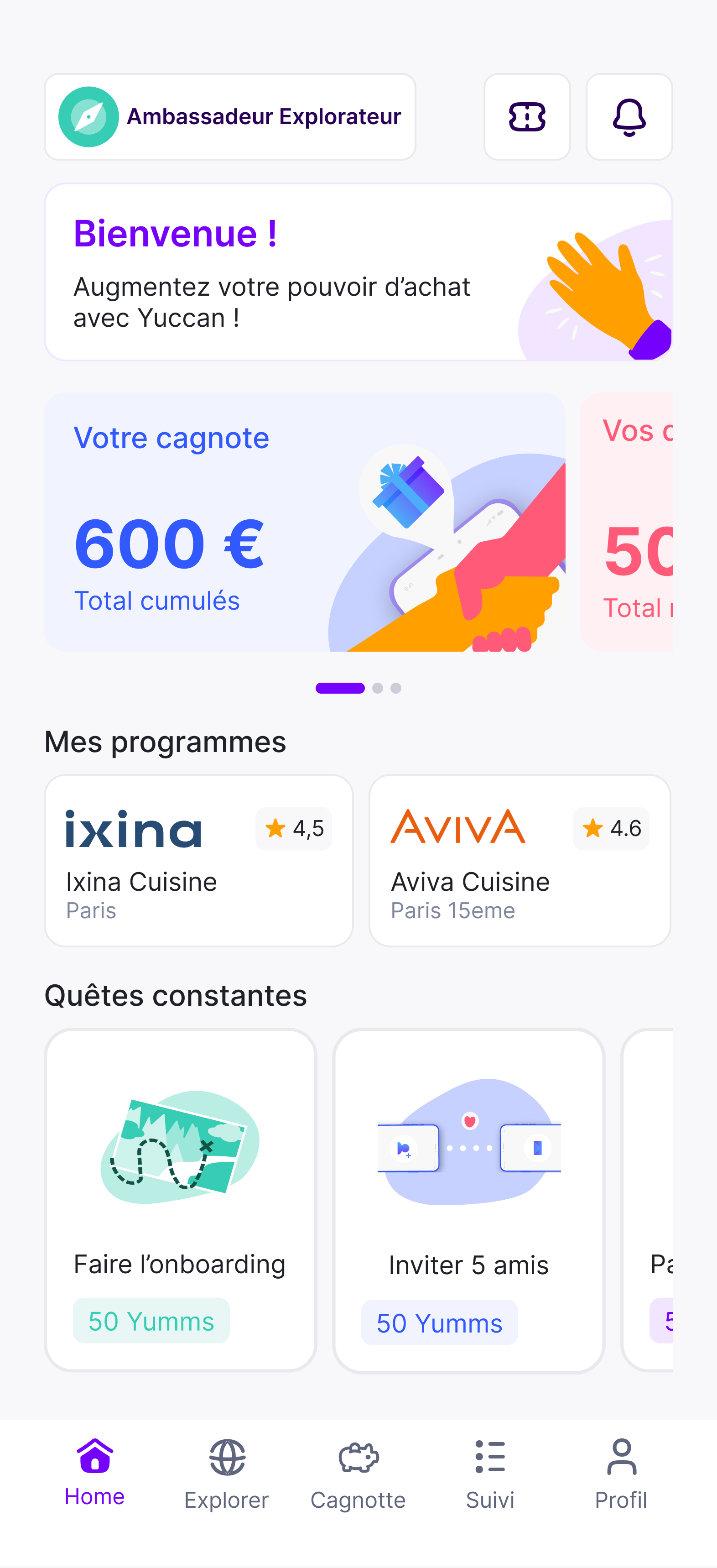 Aperçu de l'application Yuccan : page d'accueil avec cagnotte, programmes de parrainage et quêtes